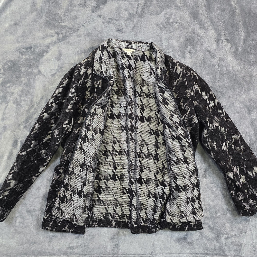 Houndstooth Knit Jacket Womens Large Zip Front Cardigan Blazer Lorain Croft